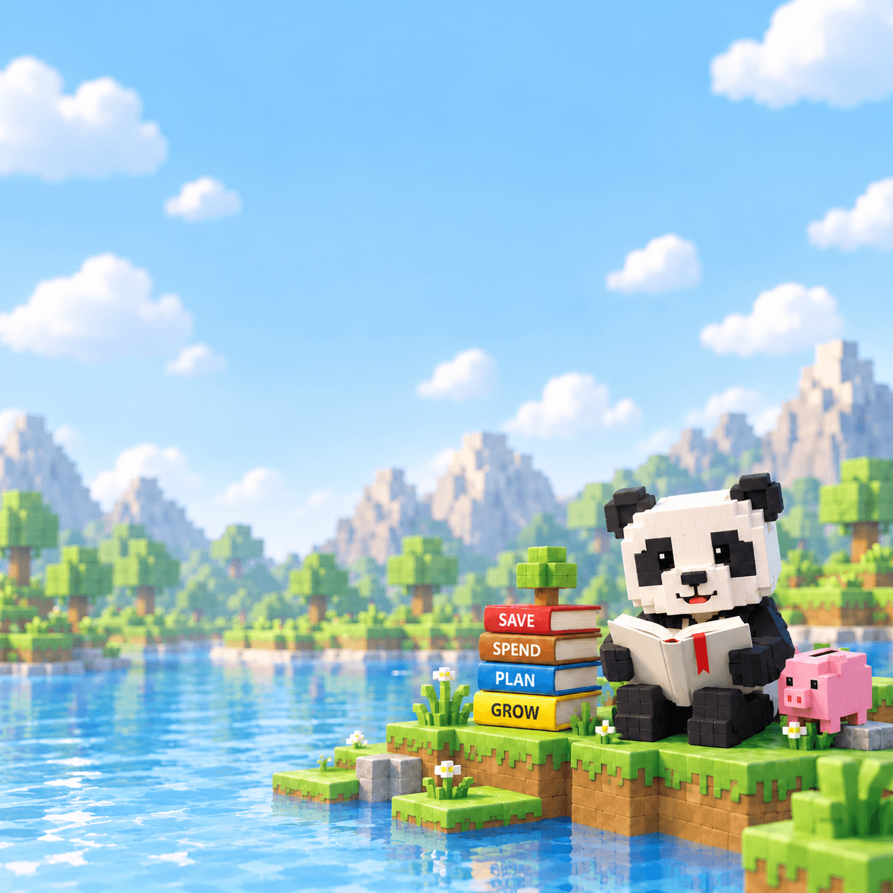 Panda mentor reading an open book on a stepped grass island in a voxel lake